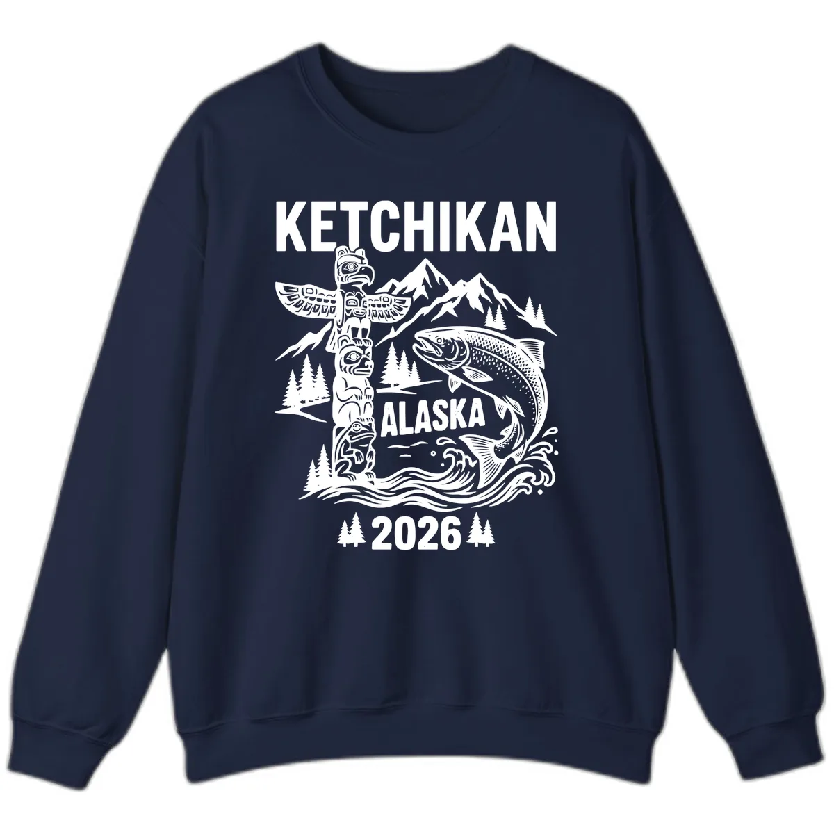 Ketchikan Alaska Totem & Salmon Sweatshirt in Navy