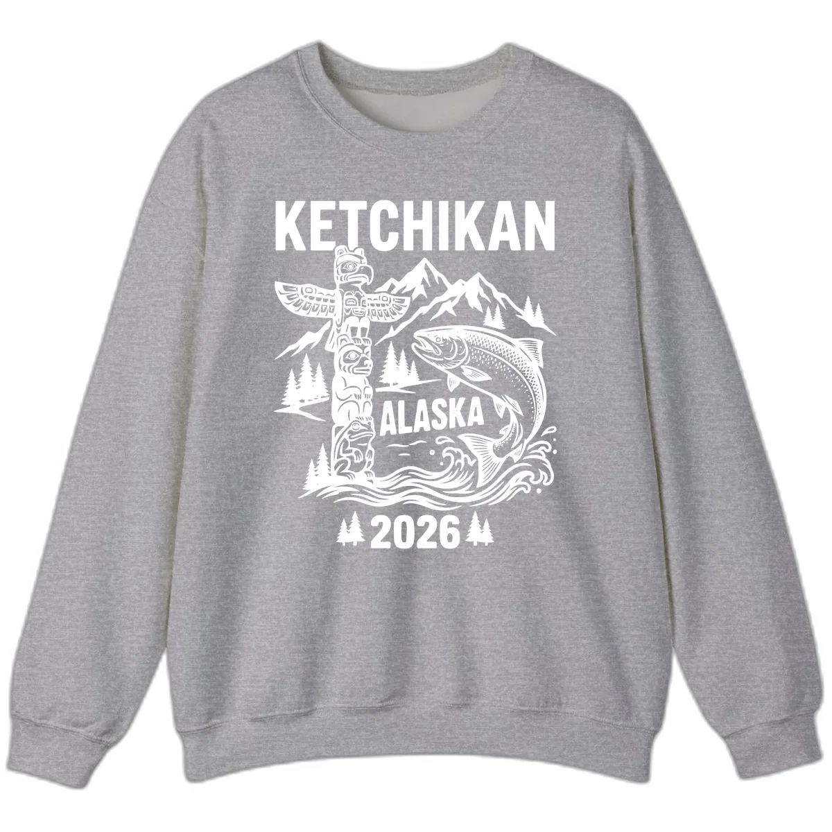 Ketchikan Alaska Totem & Salmon Sweatshirt in Sport Grey