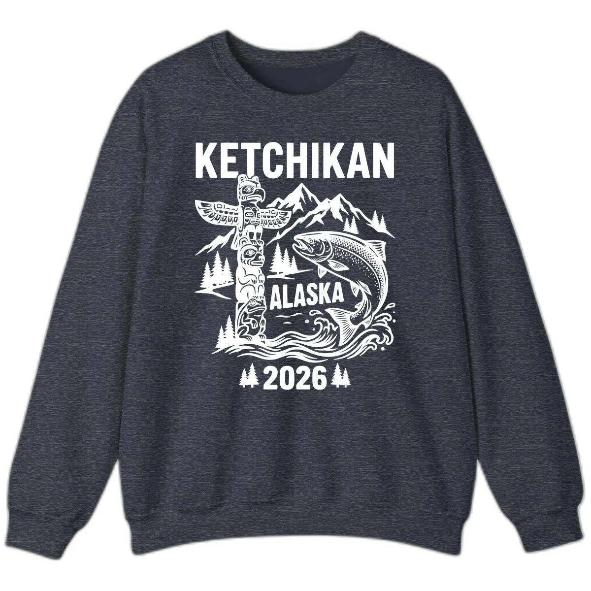 Ketchikan Alaska Totem & Salmon Sweatshirt in Heather Sport Dark Navy