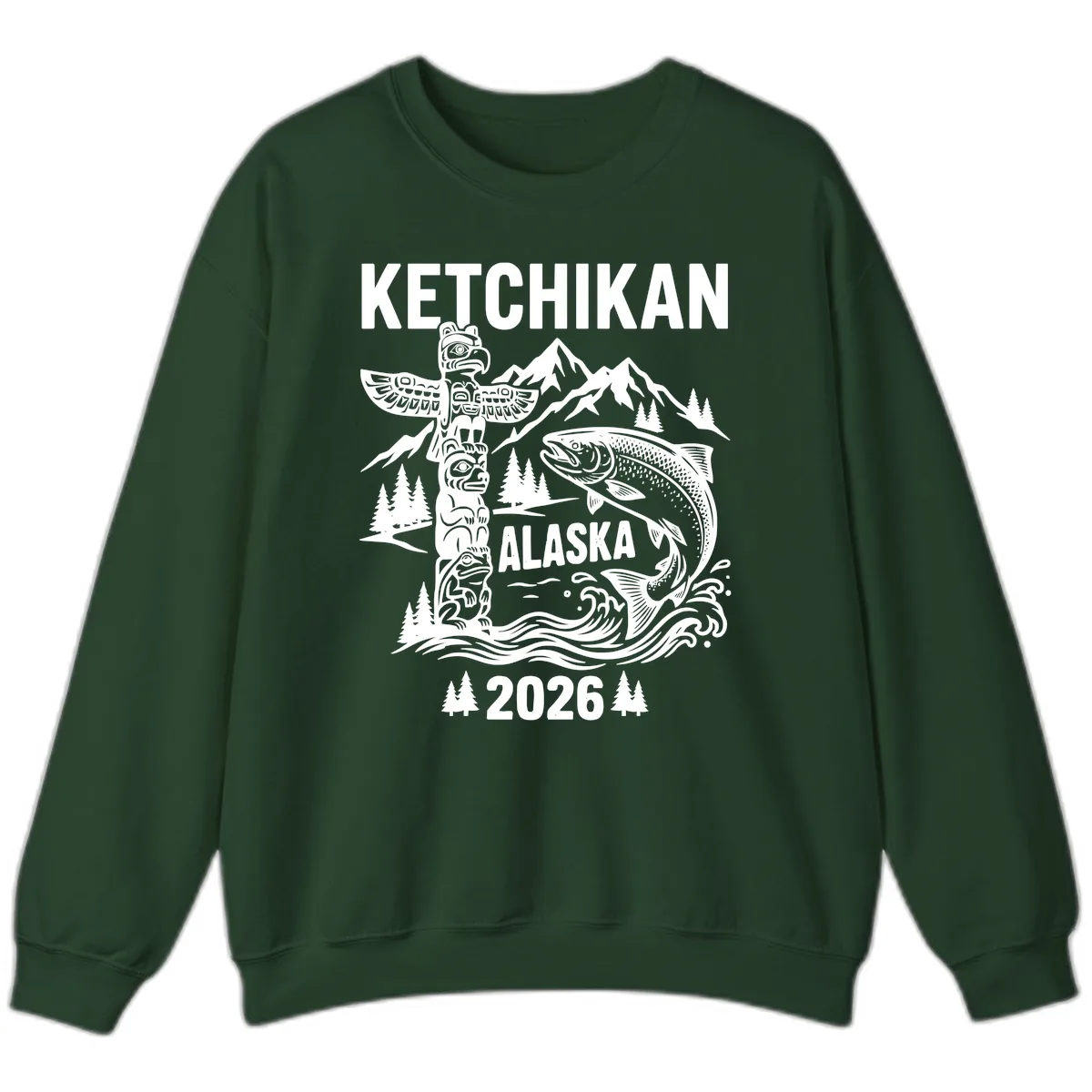 Ketchikan Alaska Totem & Salmon Sweatshirt in Forest Green