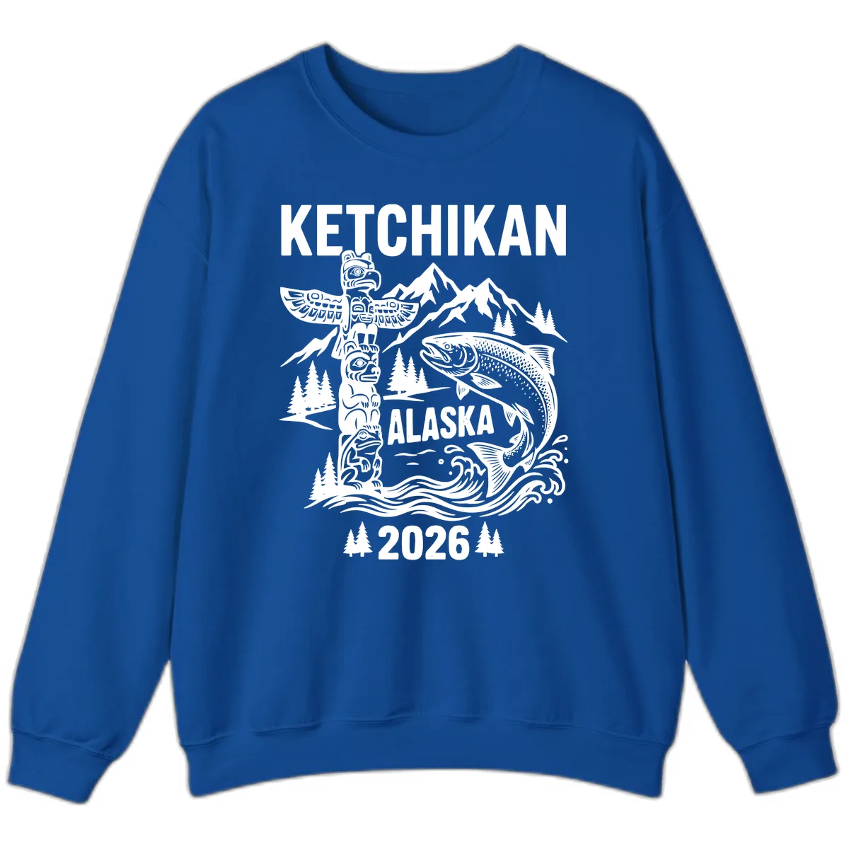 Ketchikan Alaska Totem & Salmon Sweatshirt in Royal