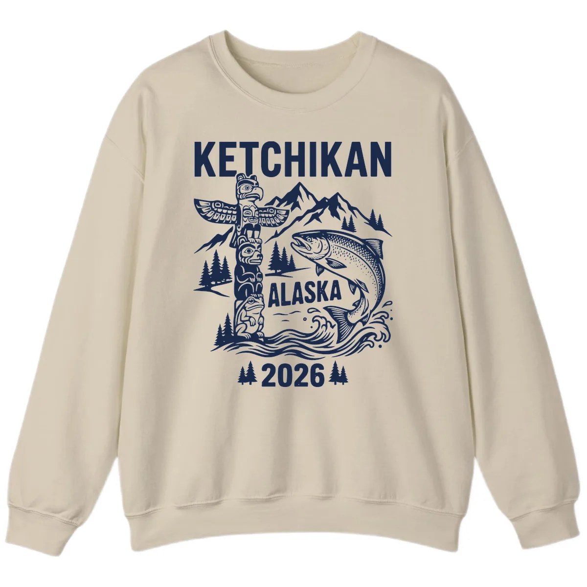 Ketchikan Alaska Totem & Salmon Sweatshirt in Sand