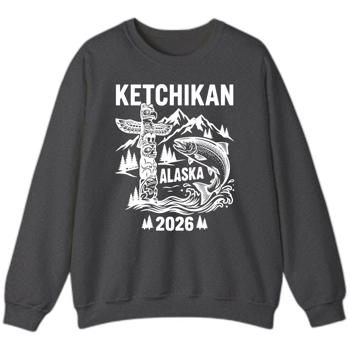 Ketchikan Alaska Totem & Salmon Sweatshirt in Dark Heather