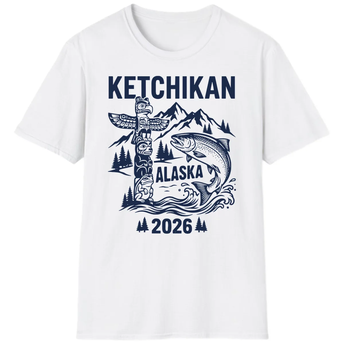 Ketchikan Alaska Totem & Salmon T-Shirt in White