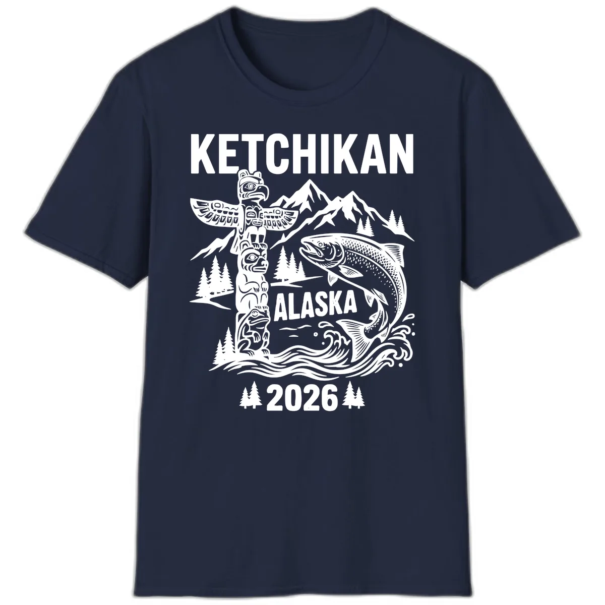 Ketchikan Alaska Totem & Salmon T-Shirt in Navy