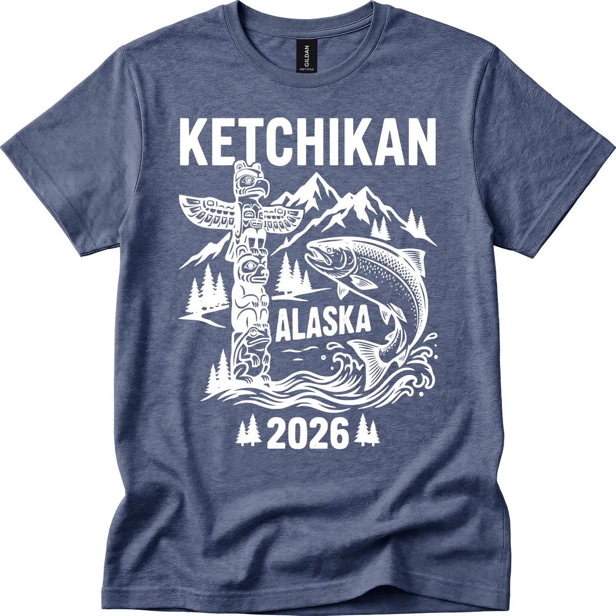 Ketchikan Alaska Totem & Salmon T-Shirt in Heather Navy