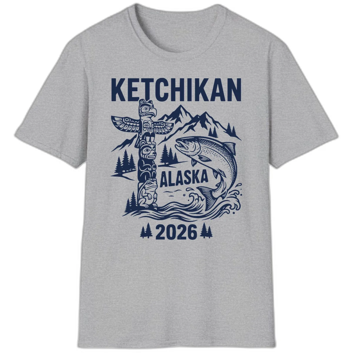 Ketchikan Alaska Totem & Salmon T-Shirt in Sport Grey