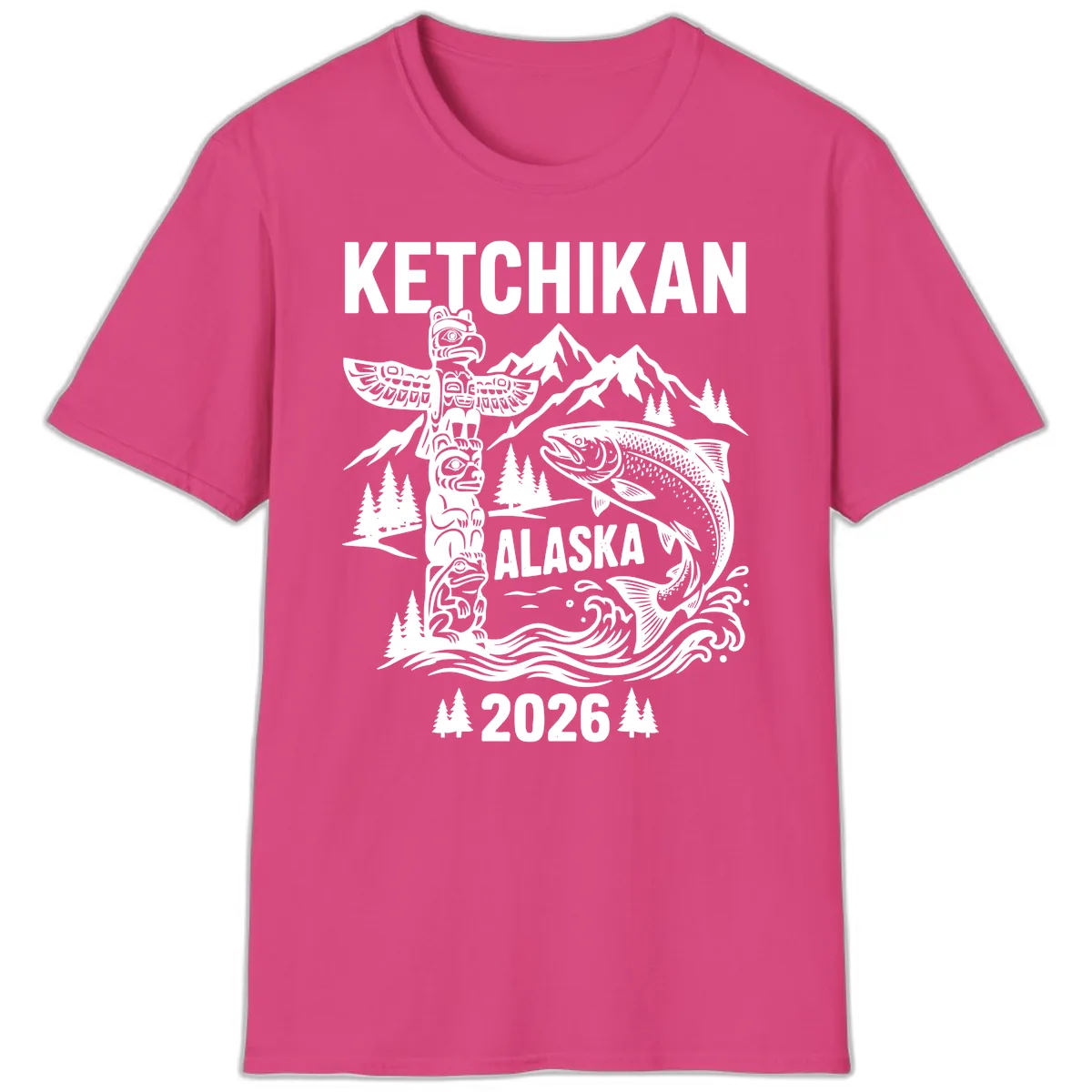 Ketchikan Alaska Totem & Salmon T-Shirt in Heliconia