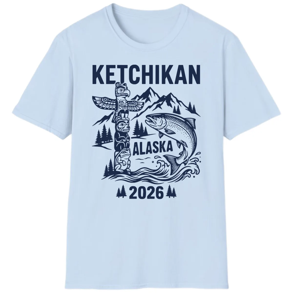 Ketchikan Alaska Totem & Salmon T-Shirt in Light Blue