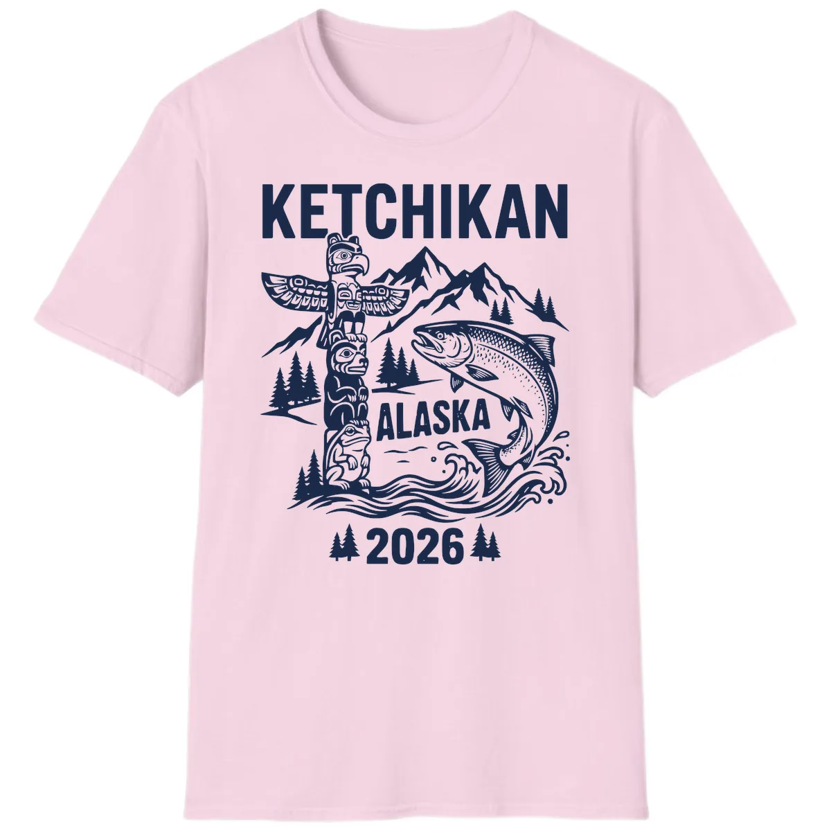 Ketchikan Alaska Totem & Salmon T-Shirt in Light Pink