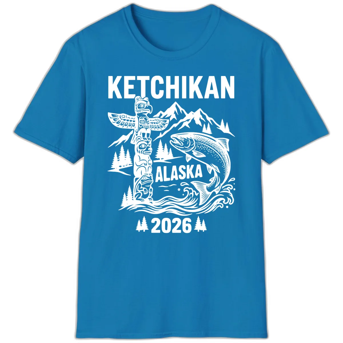 Ketchikan Alaska Totem & Salmon T-Shirt in Sapphire