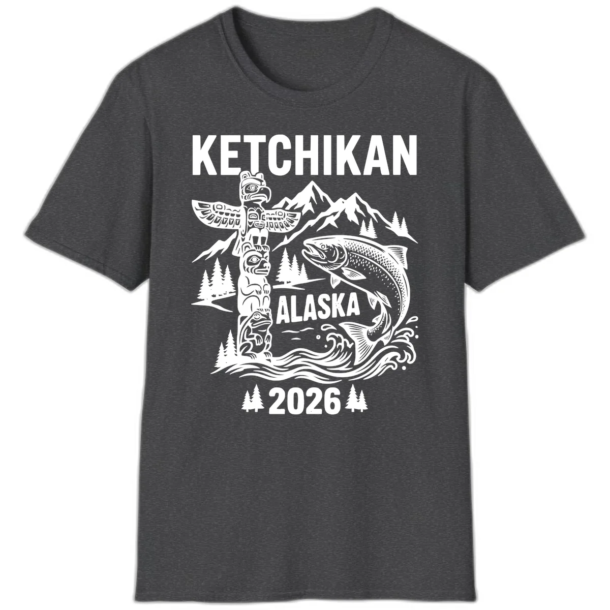 Ketchikan Alaska Totem & Salmon T-Shirt in Dark Heather