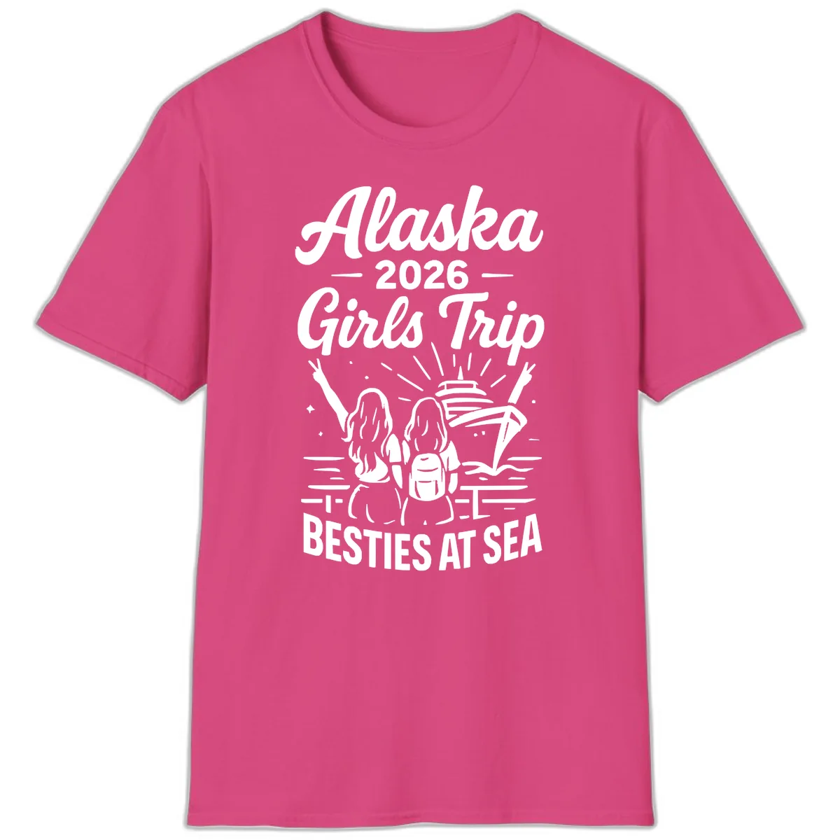 Alaska Girls Trip Besties At Sea T-Shirt in Heliconia