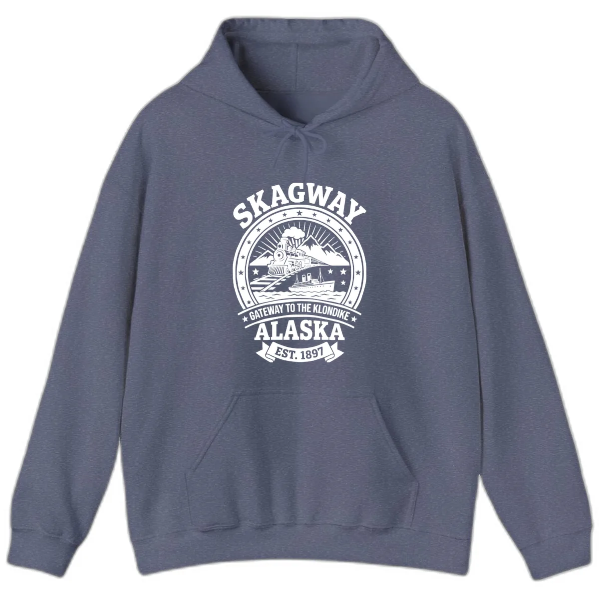 Skagway Gateway to the Klondike Hoodie in Heather Navy