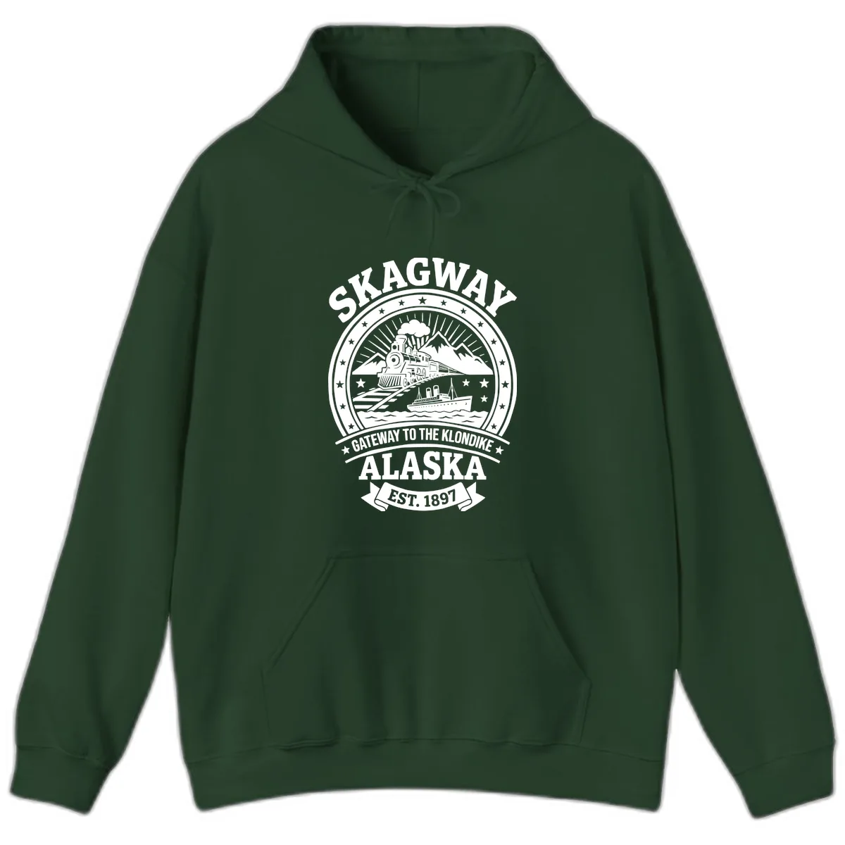 Skagway Gateway to the Klondike Hoodie in Forest Green