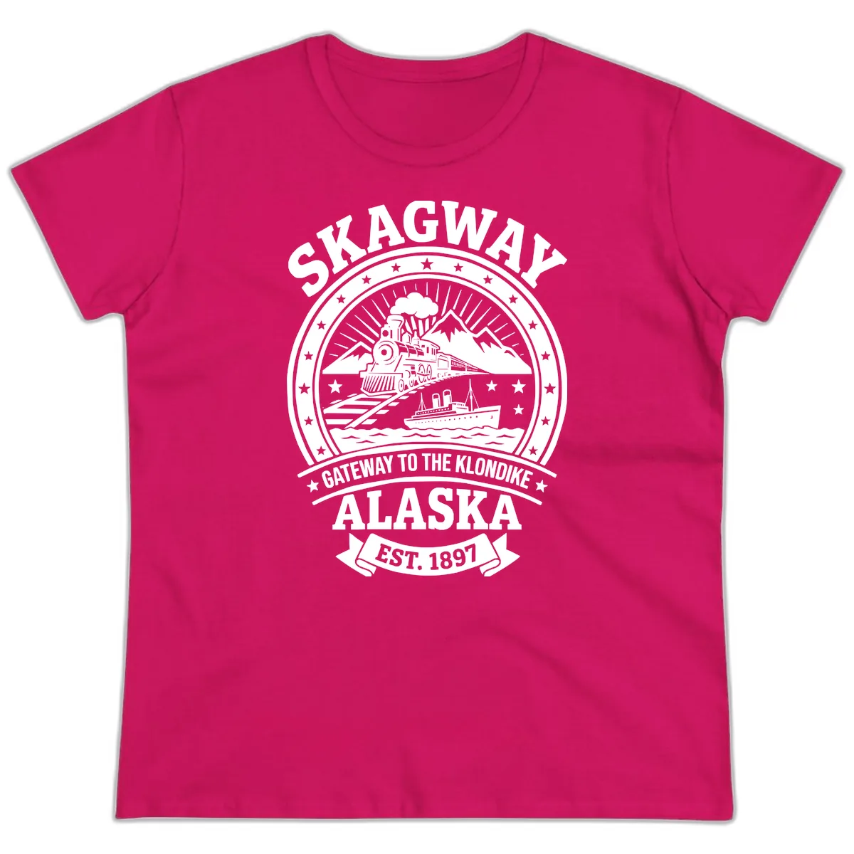 Skagway Gateway to the Klondike Ladies Tee in Heliconia