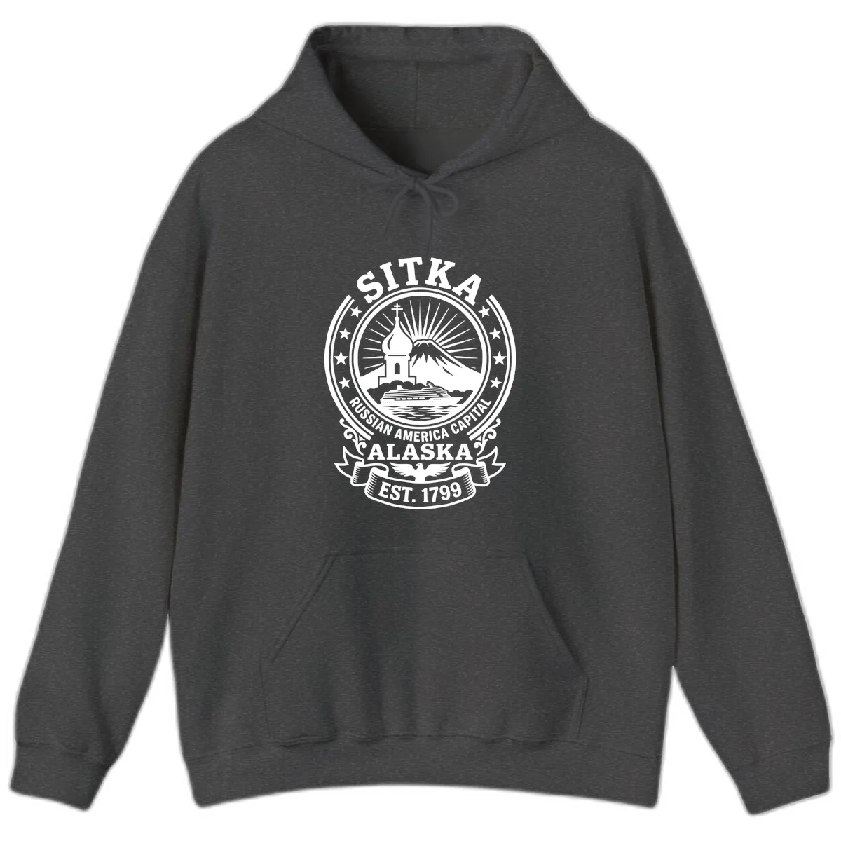 Sitka Russian America Capital Badge Hoodie in Dark Heather