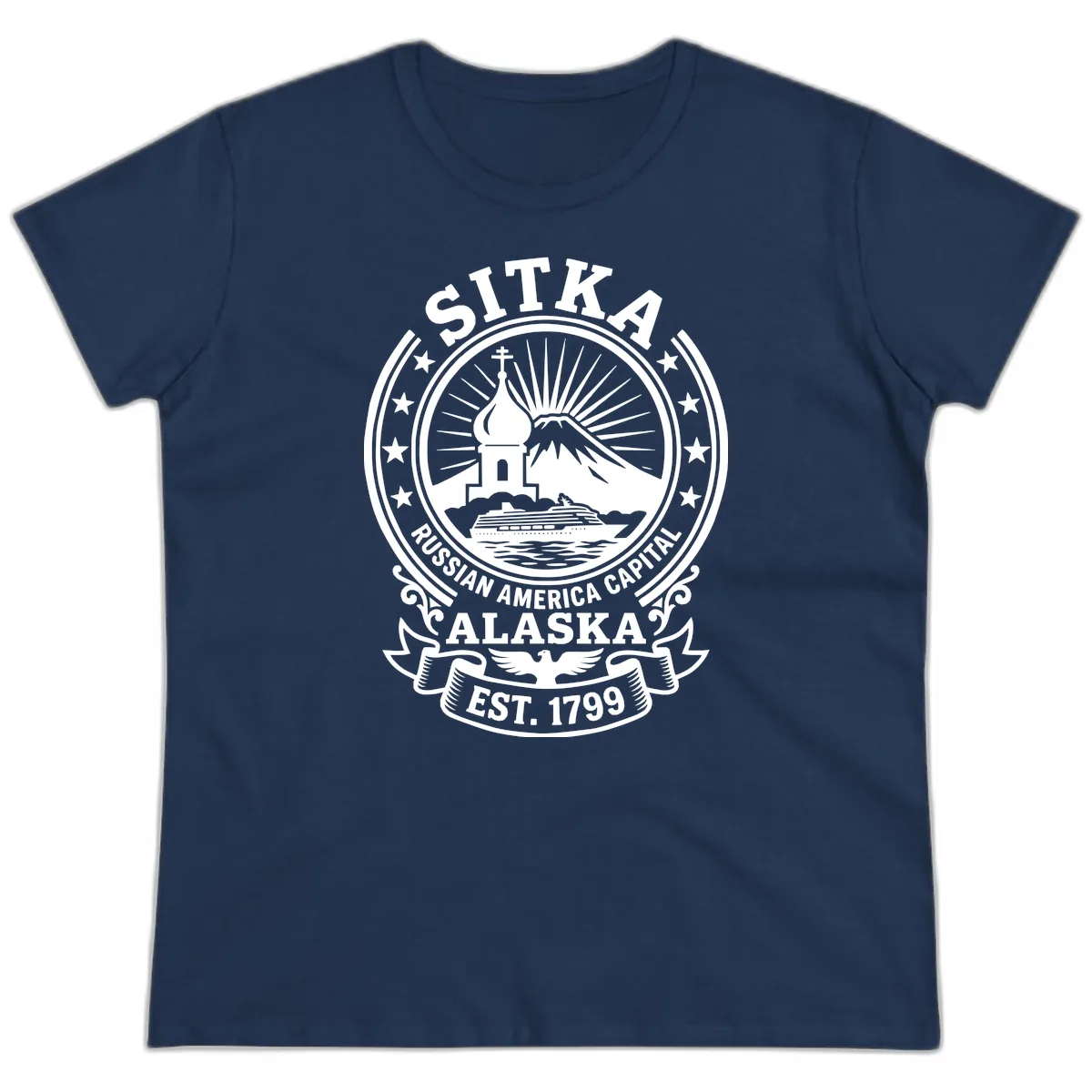 Sitka Russian America Capital Badge Ladies Tee in Navy