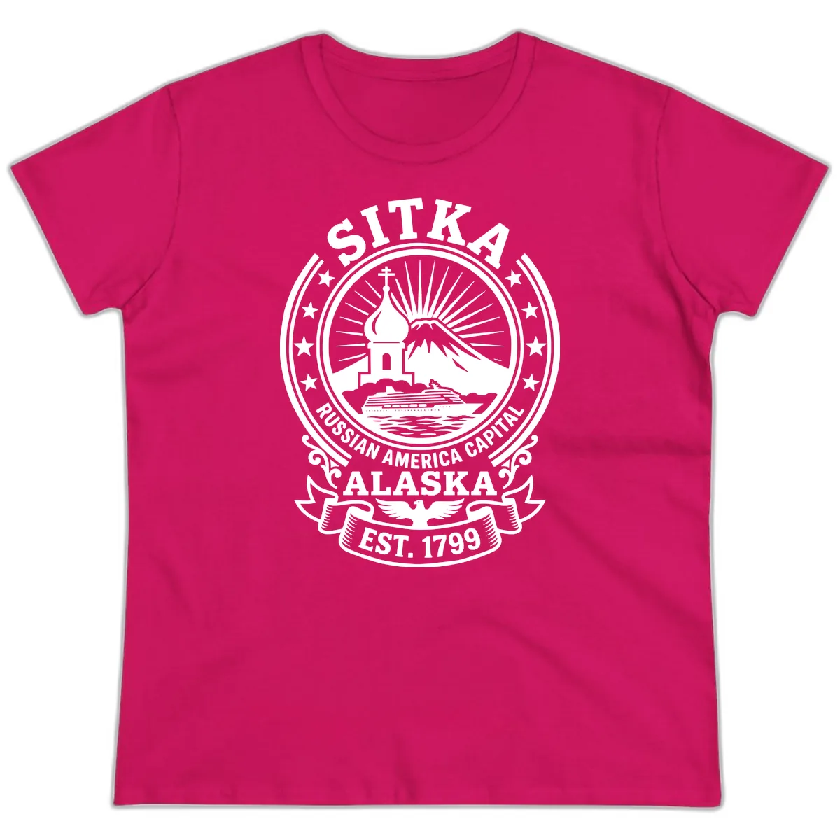 Sitka Russian America Capital Badge Ladies Tee in Heliconia