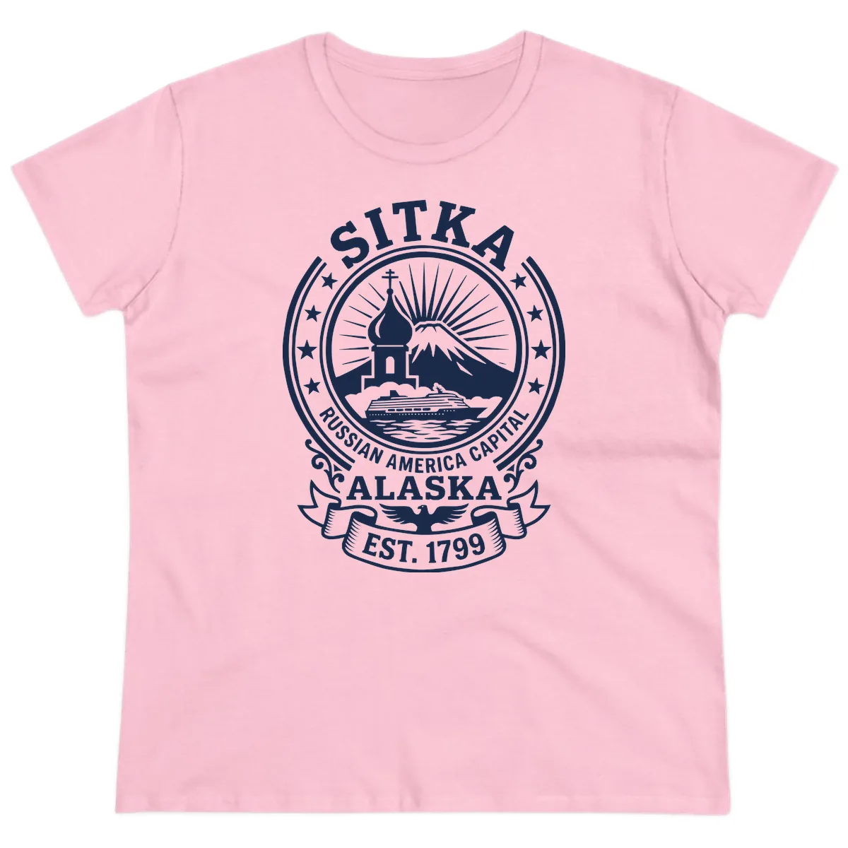 Sitka Russian America Capital Badge Ladies Tee in Light Pink
