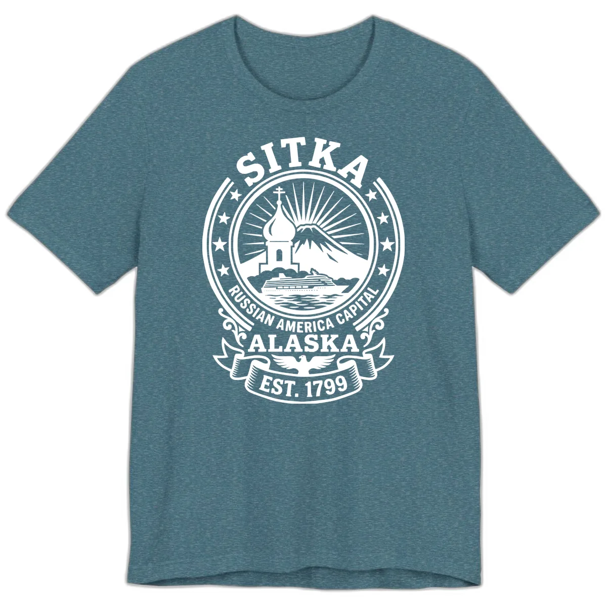 Sitka Russian America Capital Badge Premium T-Shirt in Heather Deep Teal