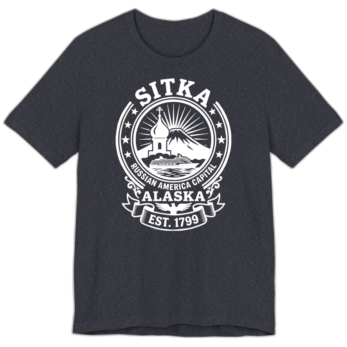 Sitka Russian America Capital Badge Premium T-Shirt in Heather Navy