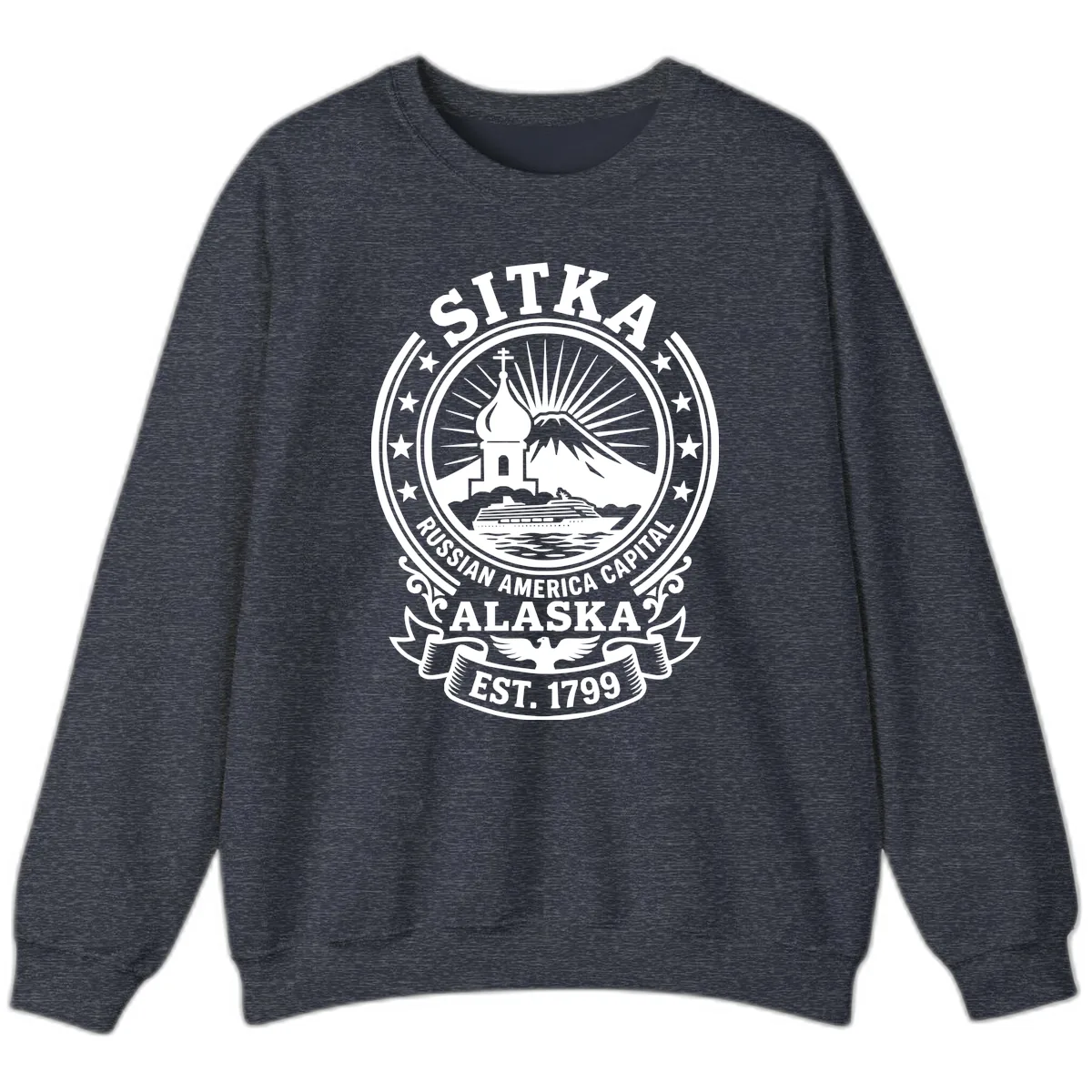 Sitka Russian America Capital Badge Sweatshirt in Heather Sport Dark Navy
