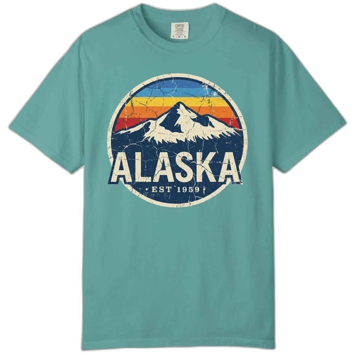 Alaska Mountain Retro Badge Comfort Color in Seafoam