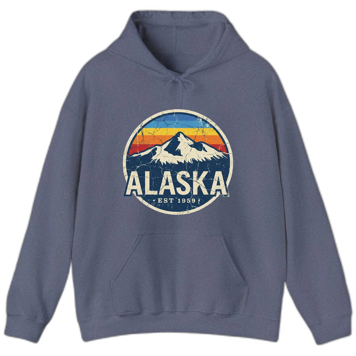 Alaska Mountain Retro Badge Hoodie in Heather Navy