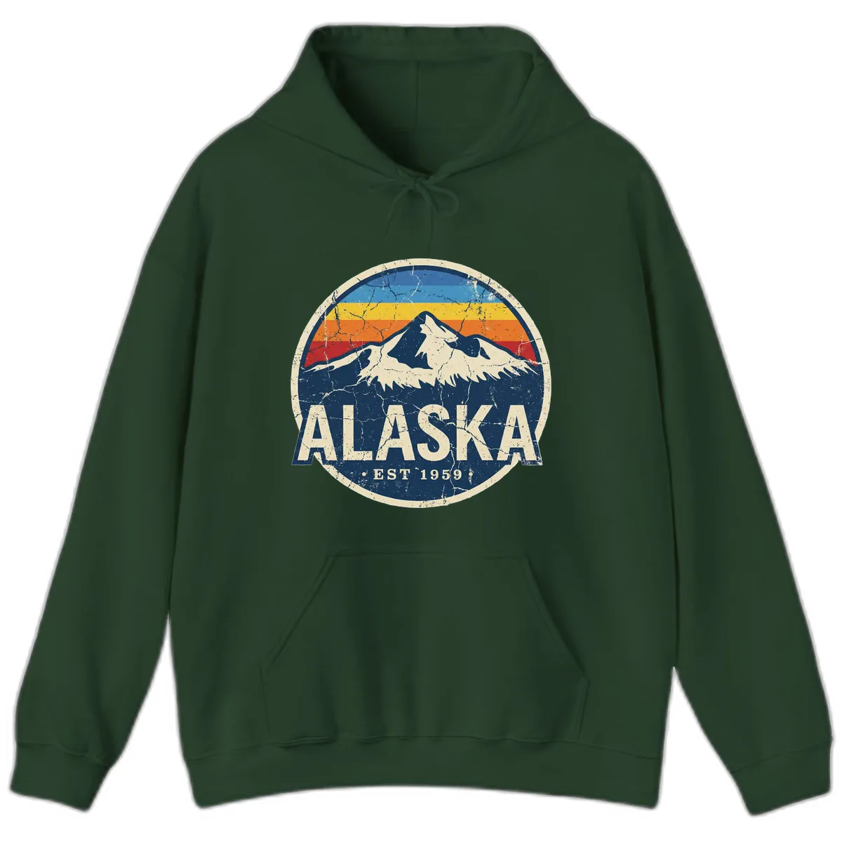 Alaska Mountain Retro Badge Hoodie in Forest Green
