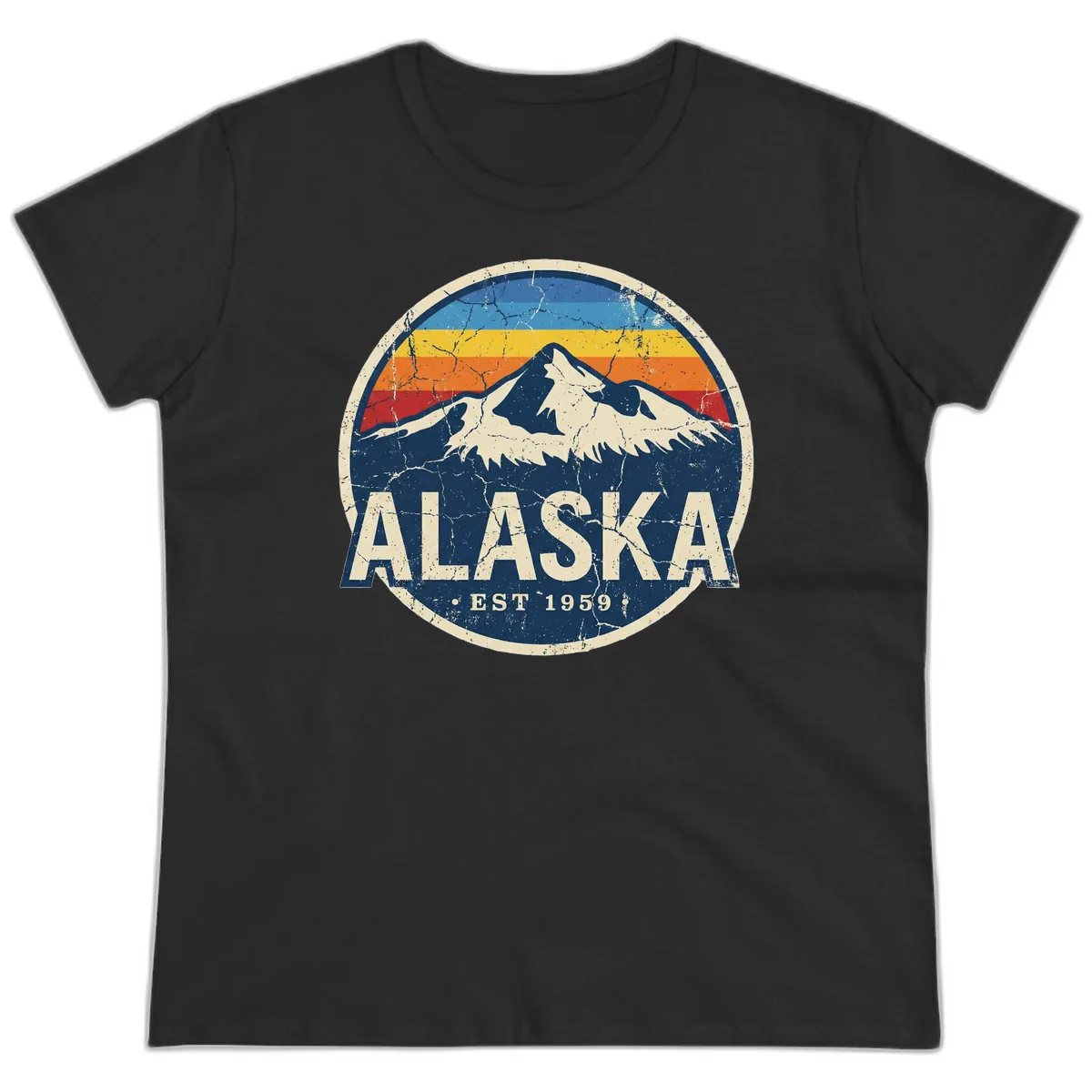 Alaska Mountain Retro Badge Ladies Tee in Black