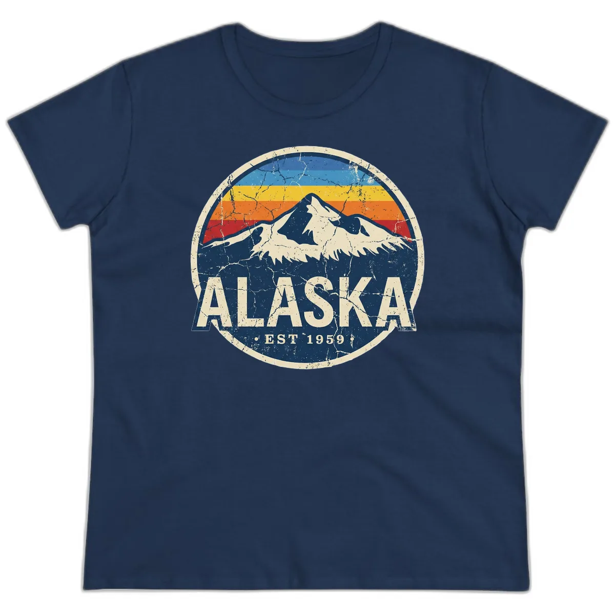 Alaska Mountain Retro Badge Ladies Tee in Navy