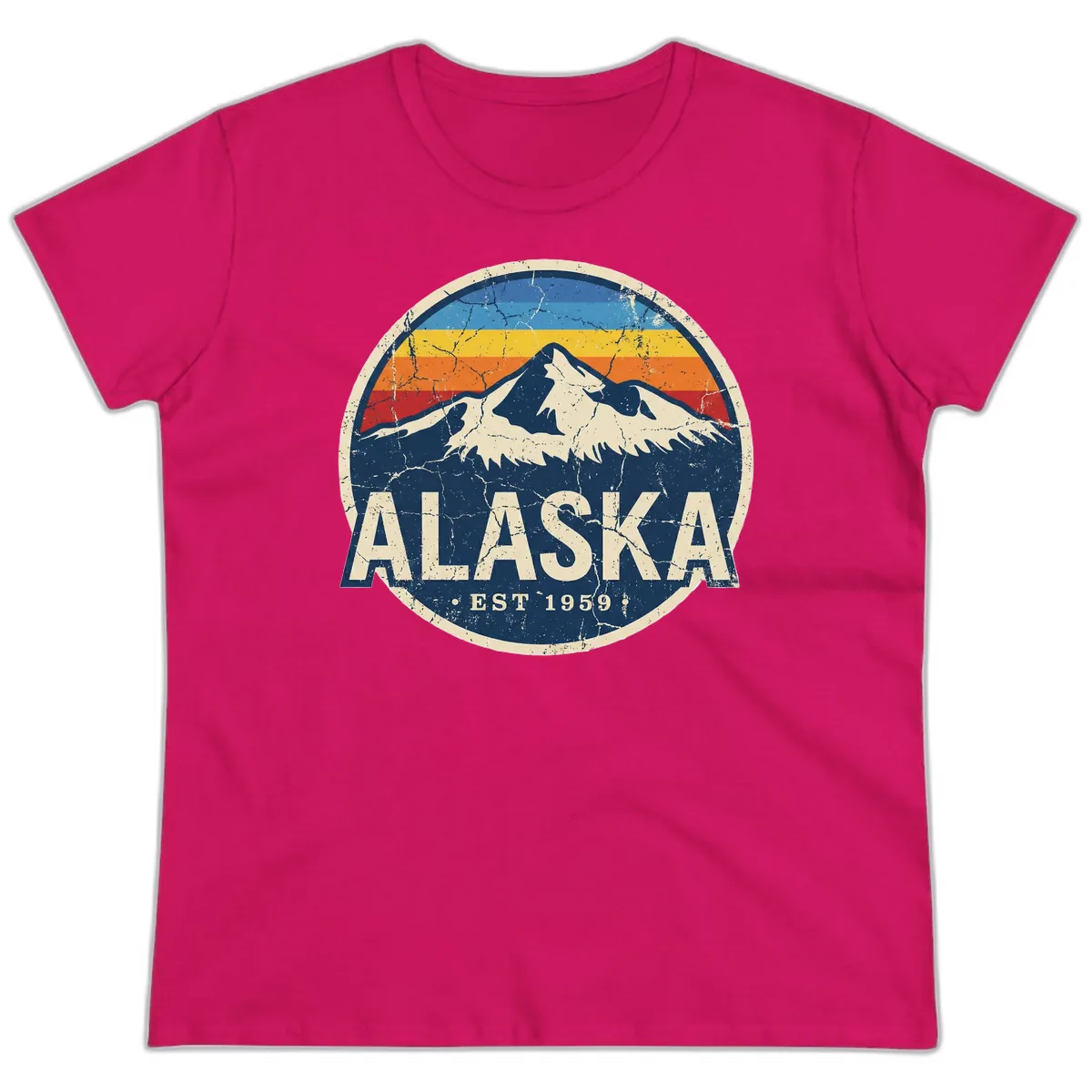 Alaska Mountain Retro Badge Ladies Tee in Heliconia