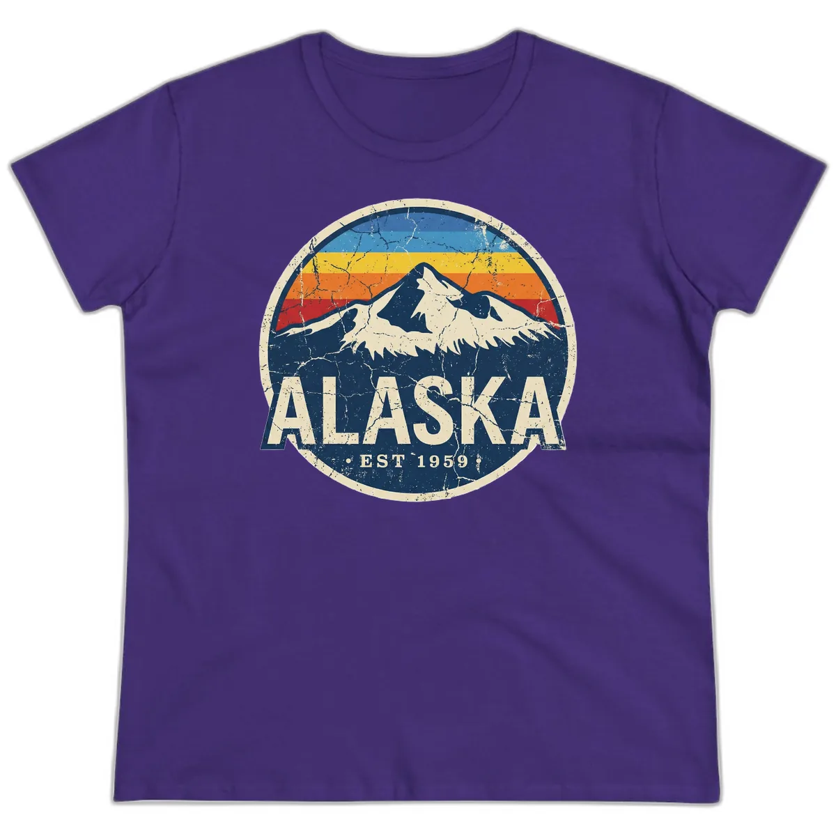 Alaska Mountain Retro Badge Ladies Tee in Purple