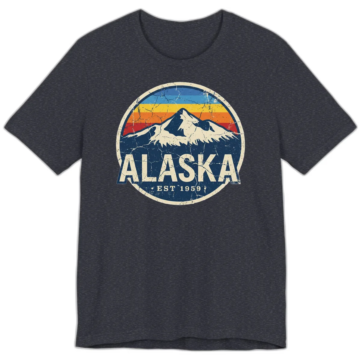 Alaska Mountain Retro Badge Premium T-Shirt in Heather Navy