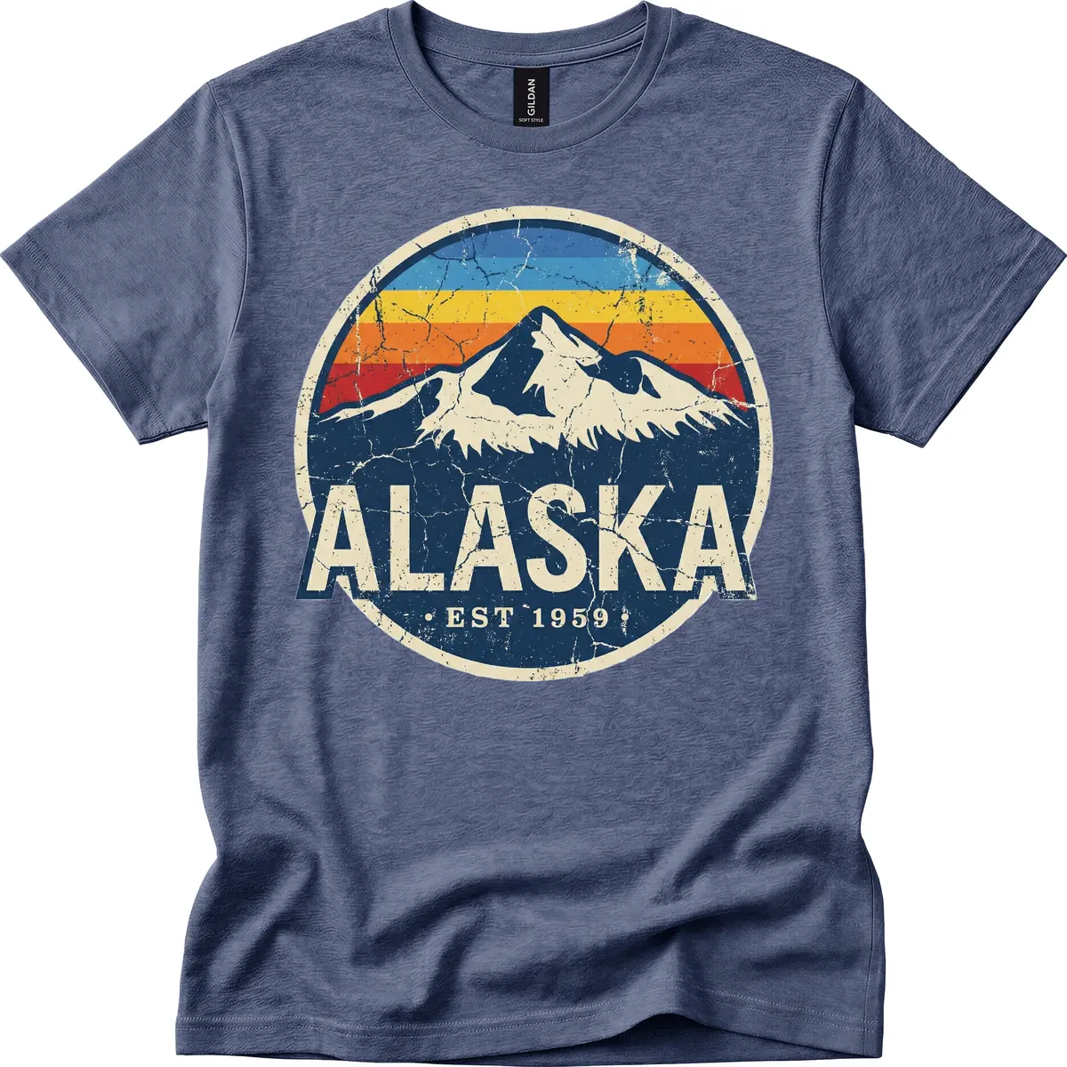 Alaska Mountain Retro Badge T-Shirt in Heather Navy