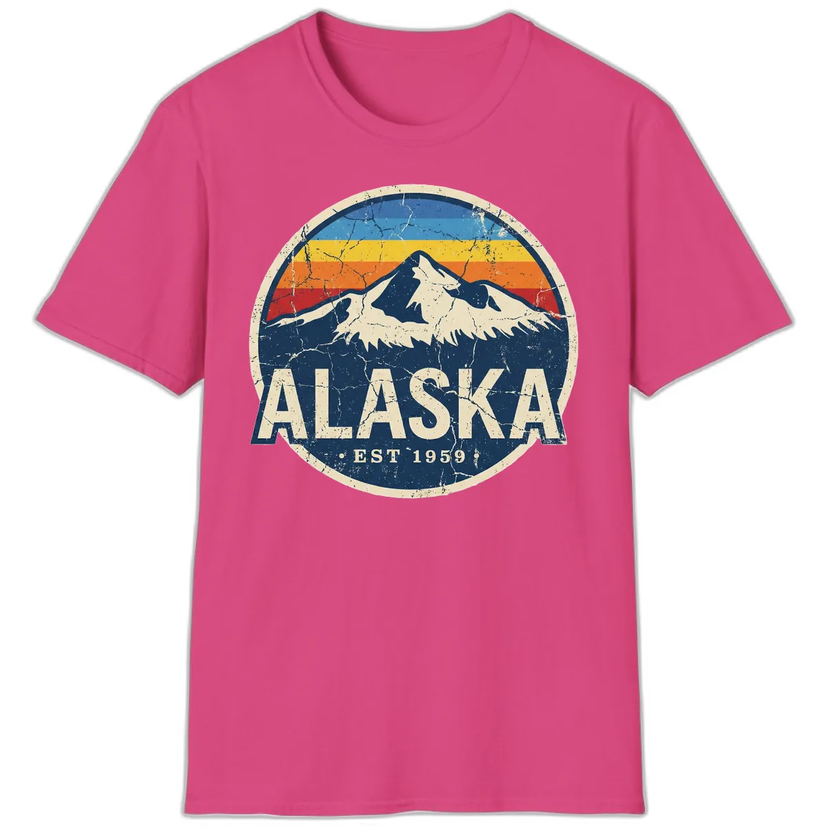 Alaska Mountain Retro Badge T-Shirt in Heliconia