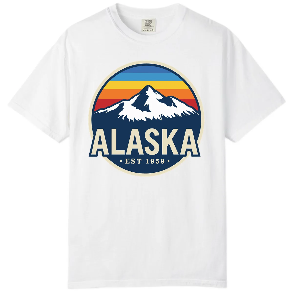 Alaska Mountain Range Retro Sunset Badge Comfort Color in White