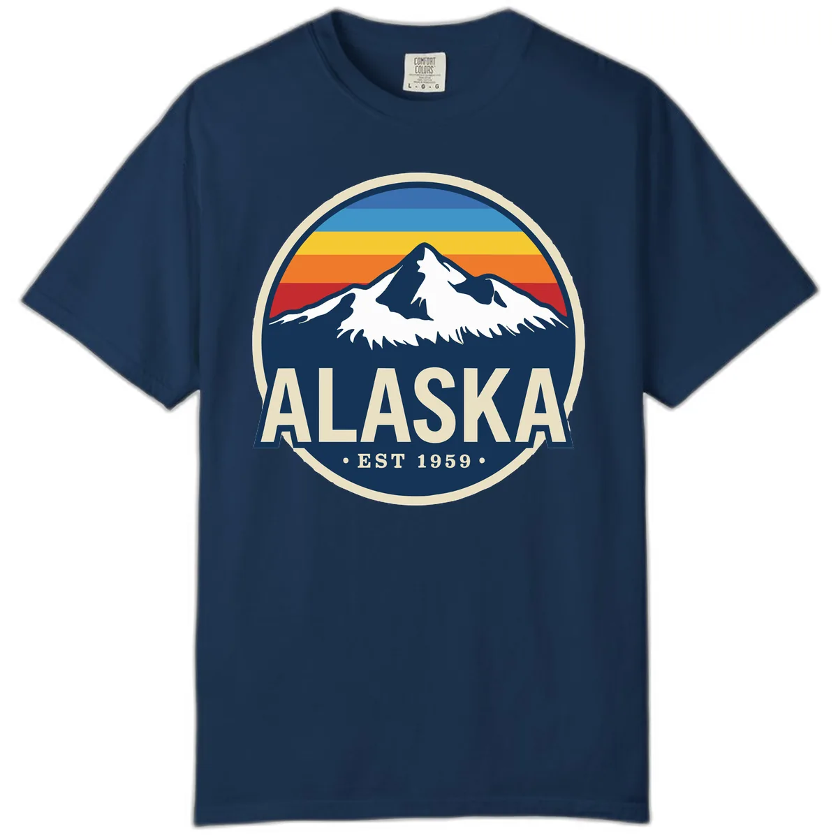 Alaska Mountain Range Retro Sunset Badge Comfort Color in Navy