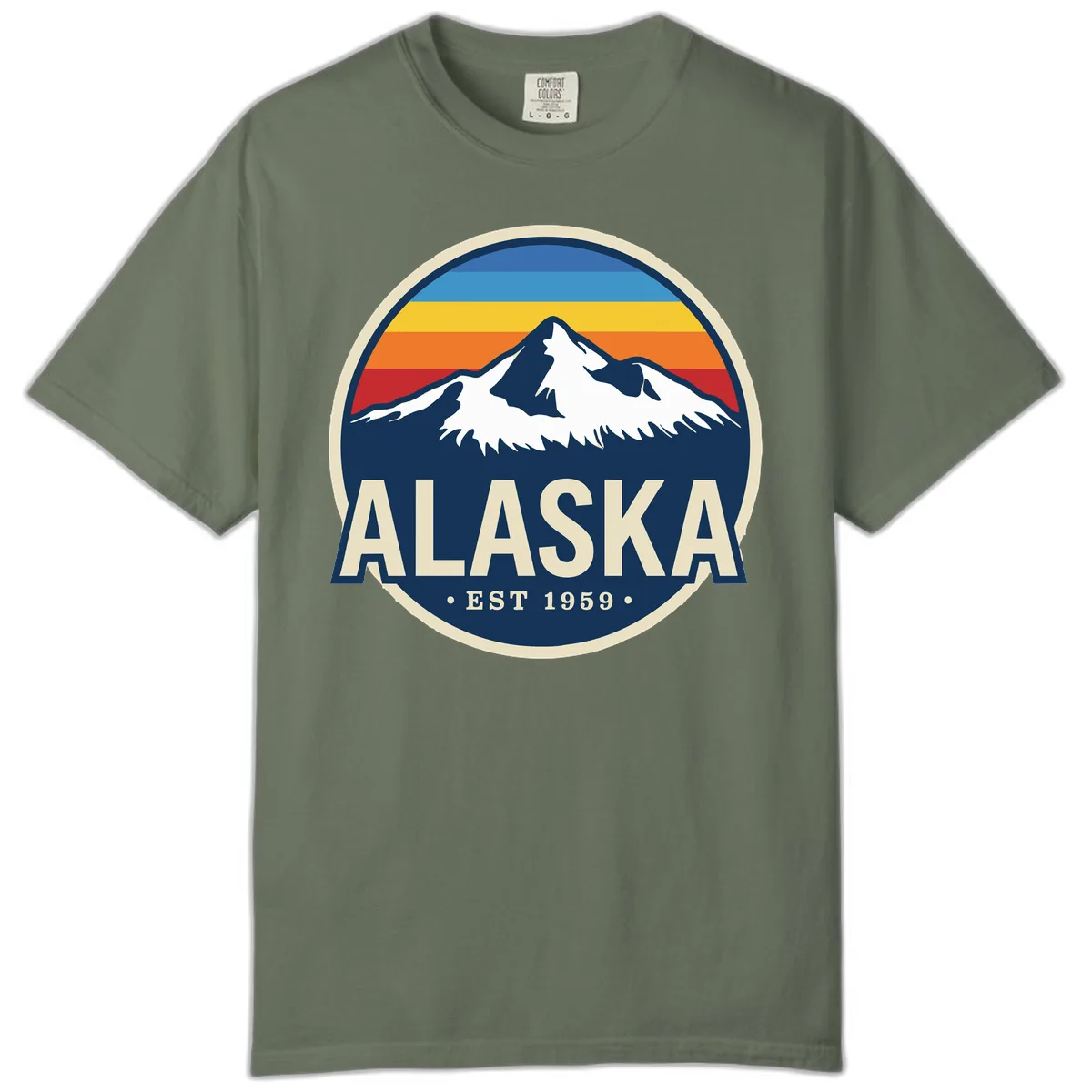 Alaska Mountain Range Retro Sunset Badge Comfort Color in Moss