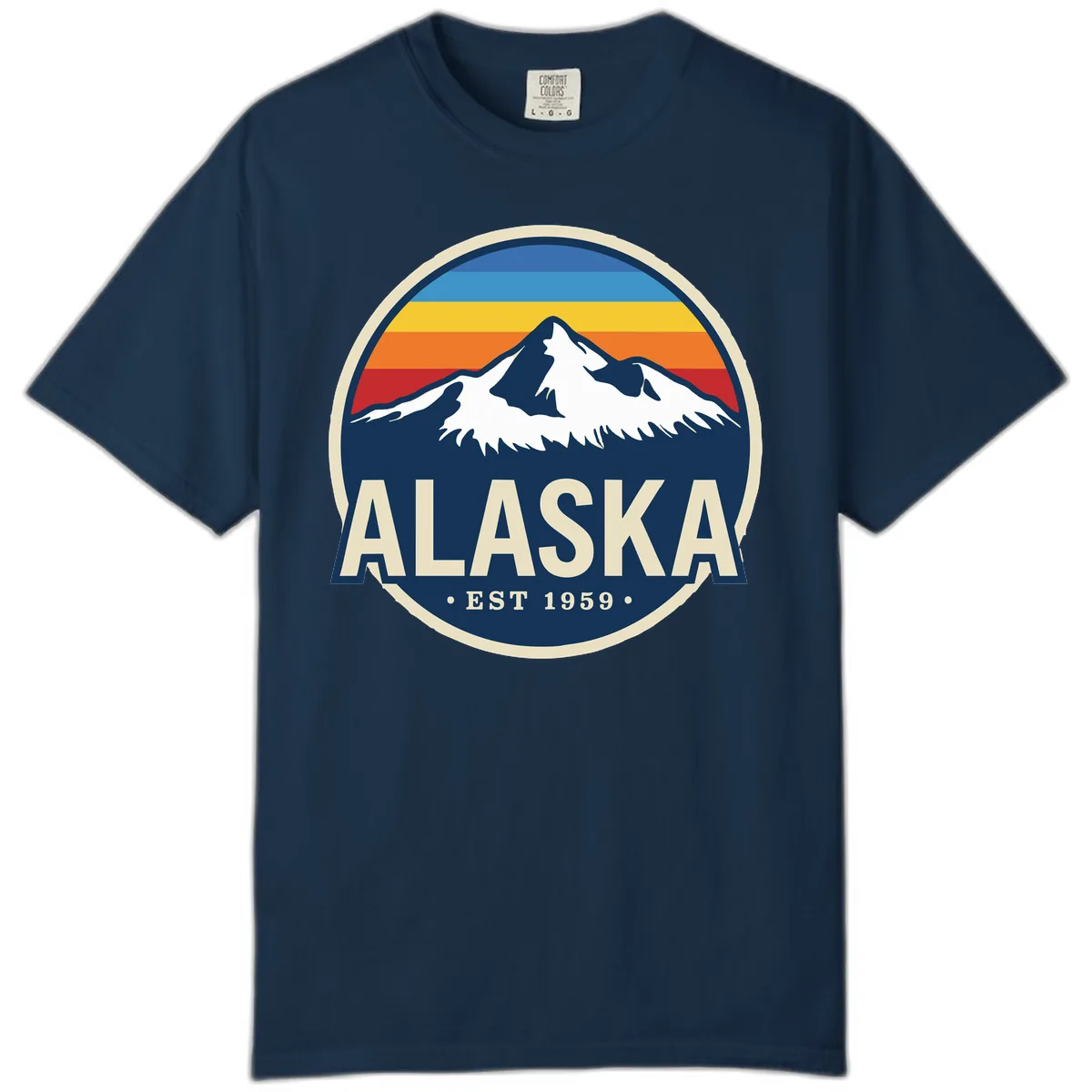 Alaska Mountain Range Retro Sunset Badge Comfort Color in True Navy