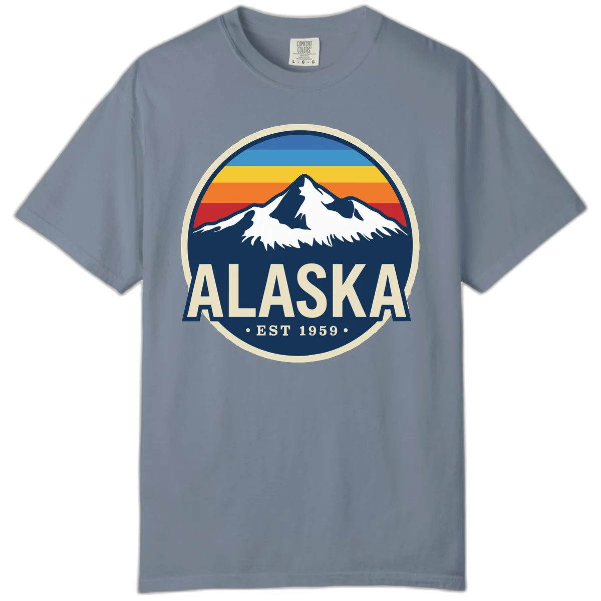 Alaska Mountain Range Retro Sunset Badge Comfort Color in Blue Jean