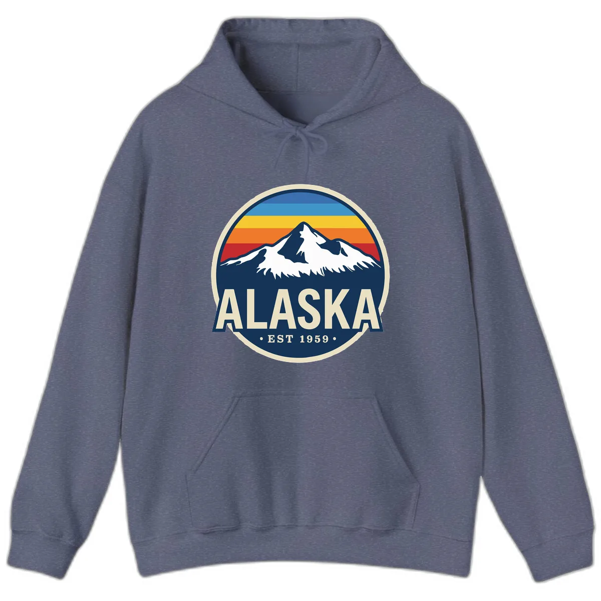Alaska Mountain Range Retro Sunset Badge Hoodie in Heather Navy
