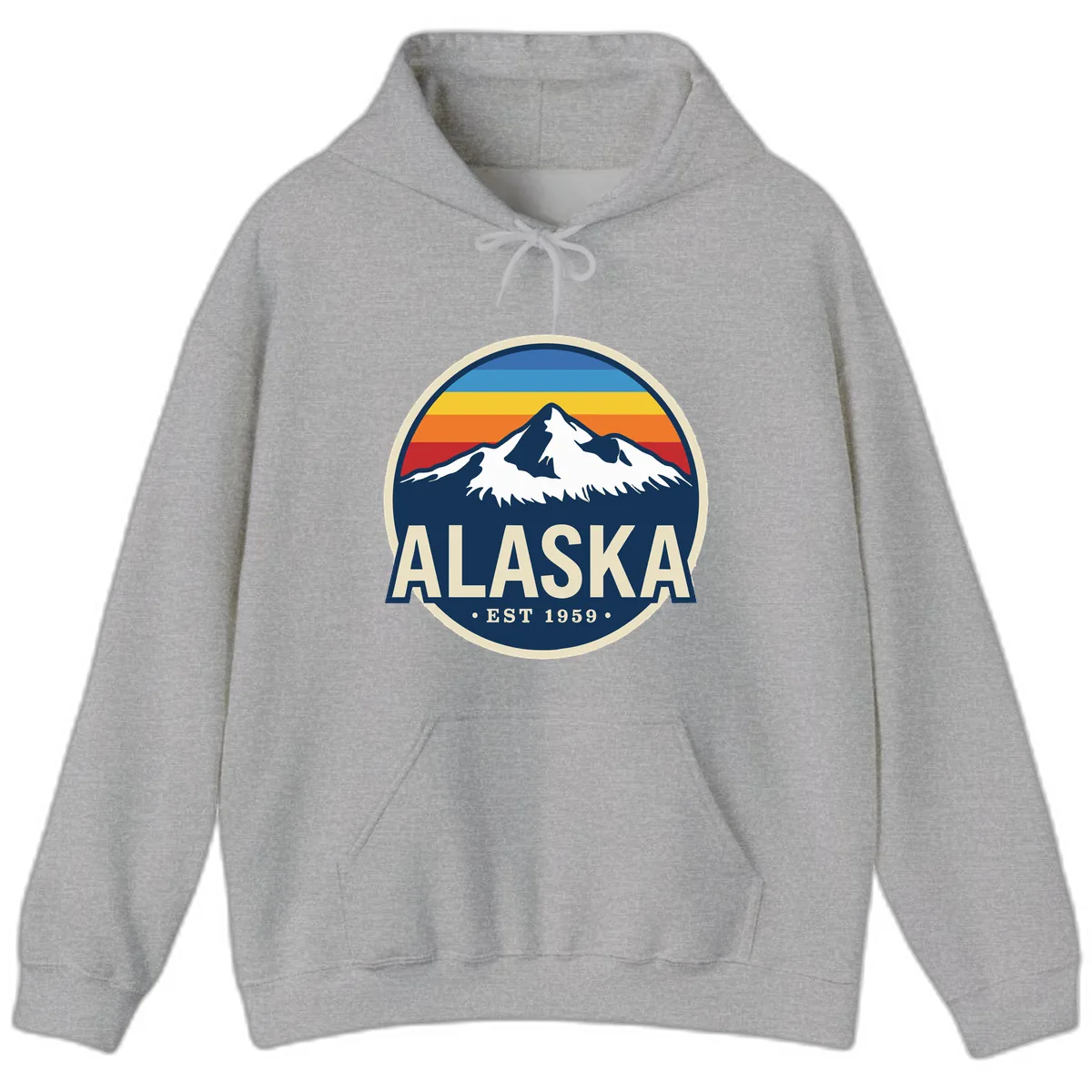 Alaska Mountain Range Retro Sunset Badge Hoodie in Sport Grey