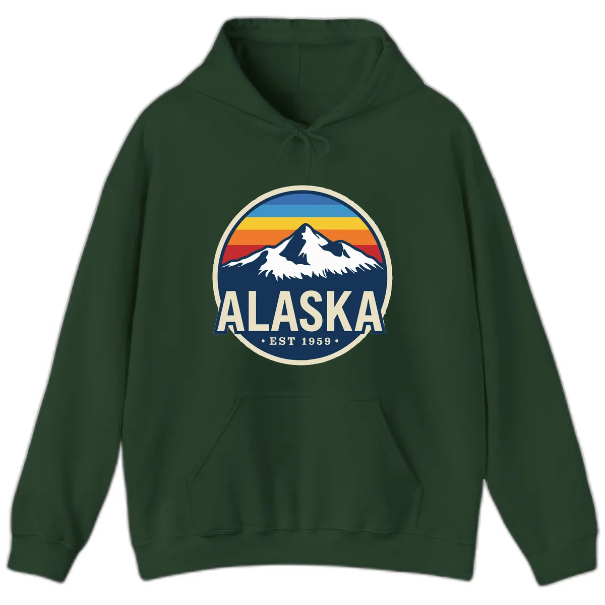 Alaska Mountain Range Retro Sunset Badge Hoodie in Forest Green