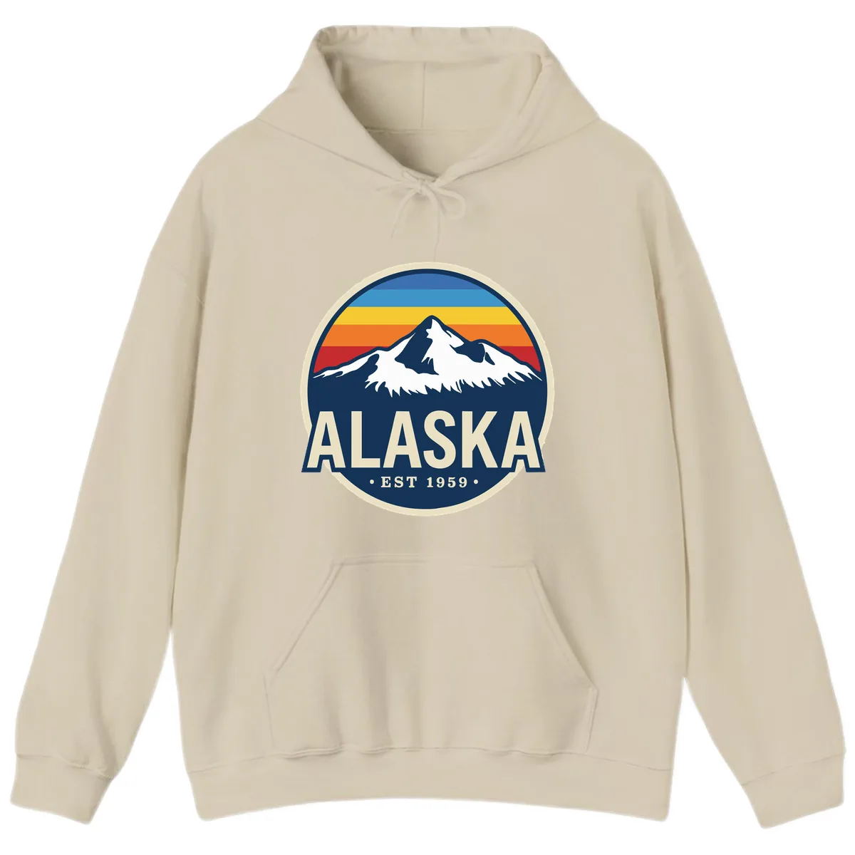 Alaska Mountain Range Retro Sunset Badge Hoodie in Sand