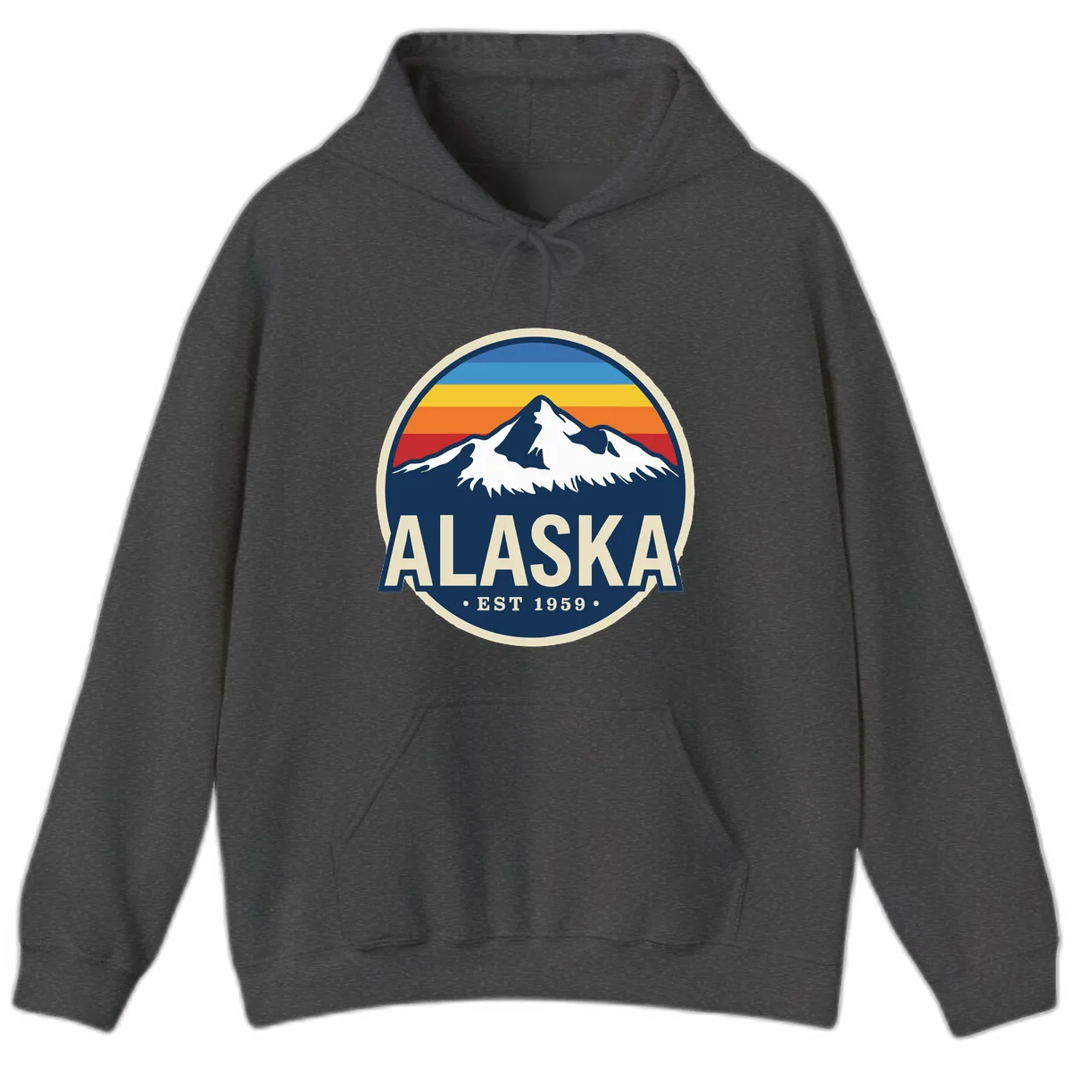 Alaska Mountain Range Retro Sunset Badge Hoodie in Dark Heather