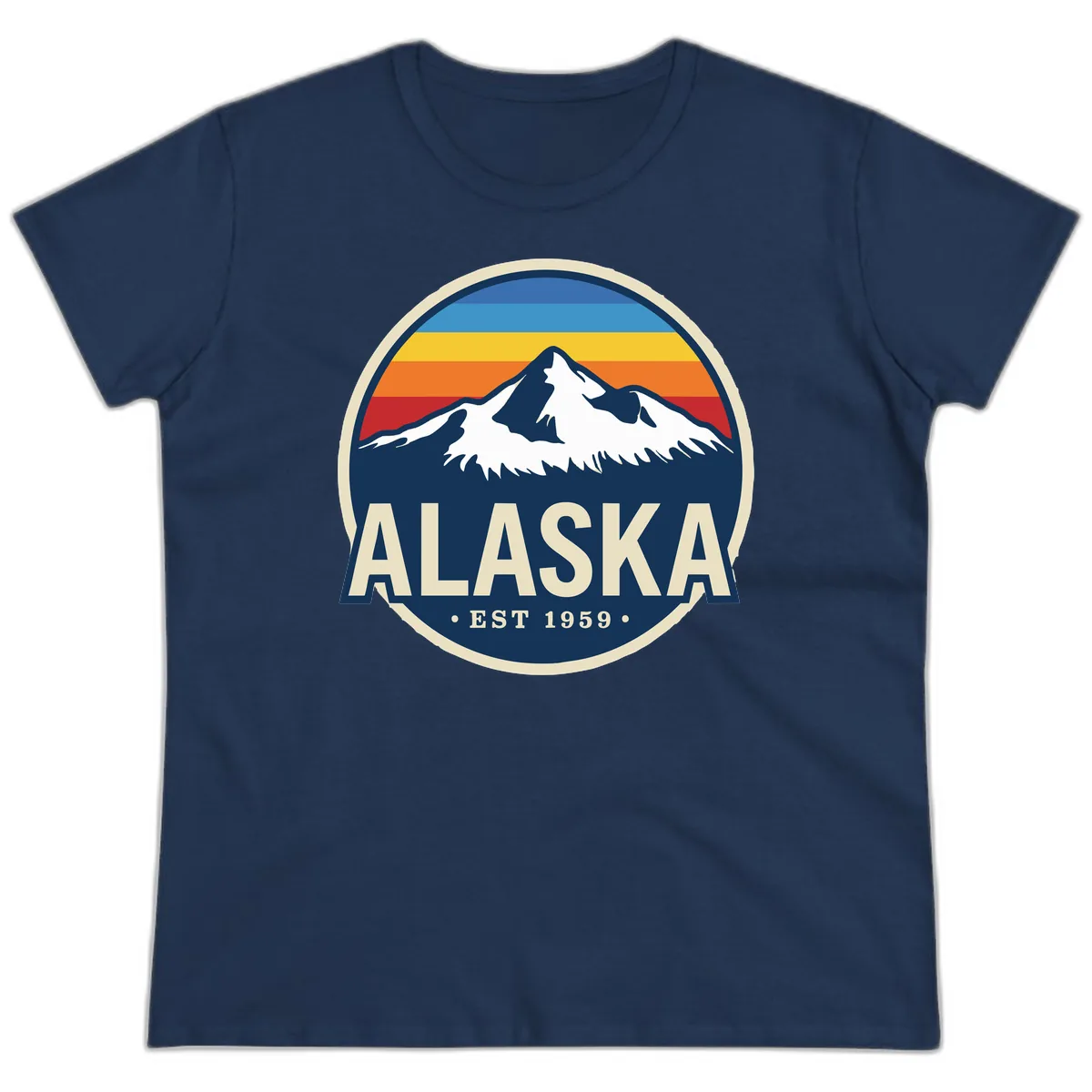 Alaska Mountain Range Retro Sunset Badge Ladies Tee in Navy