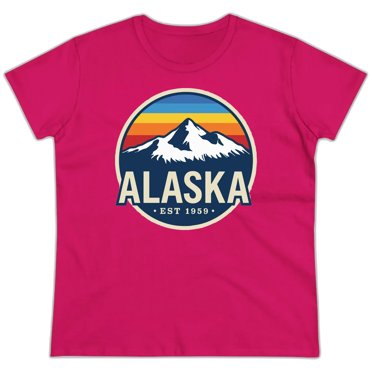 Alaska Mountain Range Retro Sunset Badge Ladies Tee in Heliconia