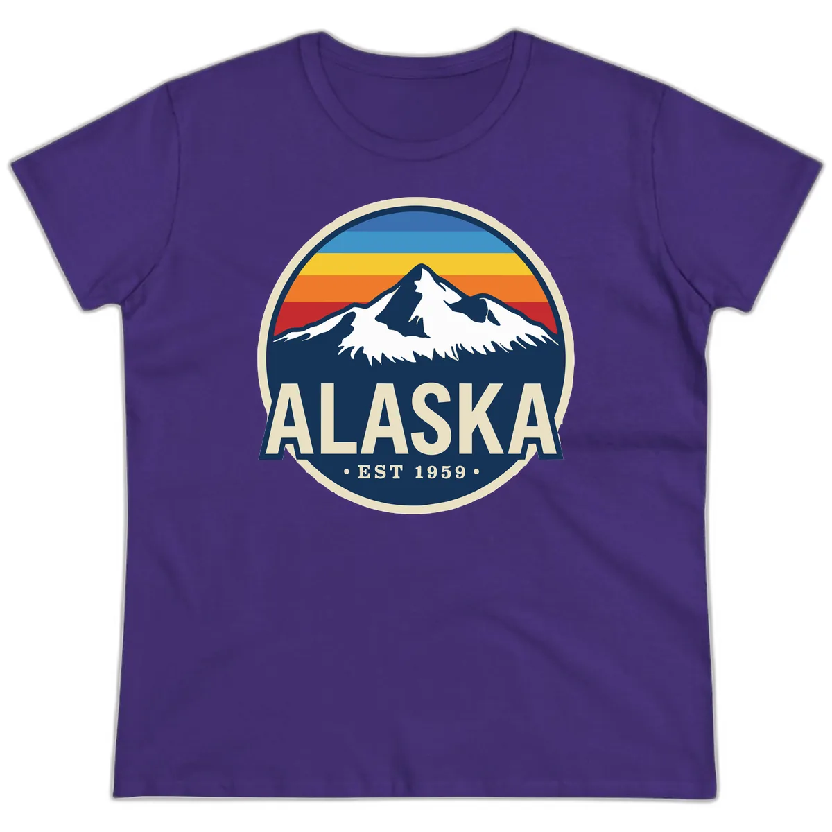 Alaska Mountain Range Retro Sunset Badge Ladies Tee in Purple